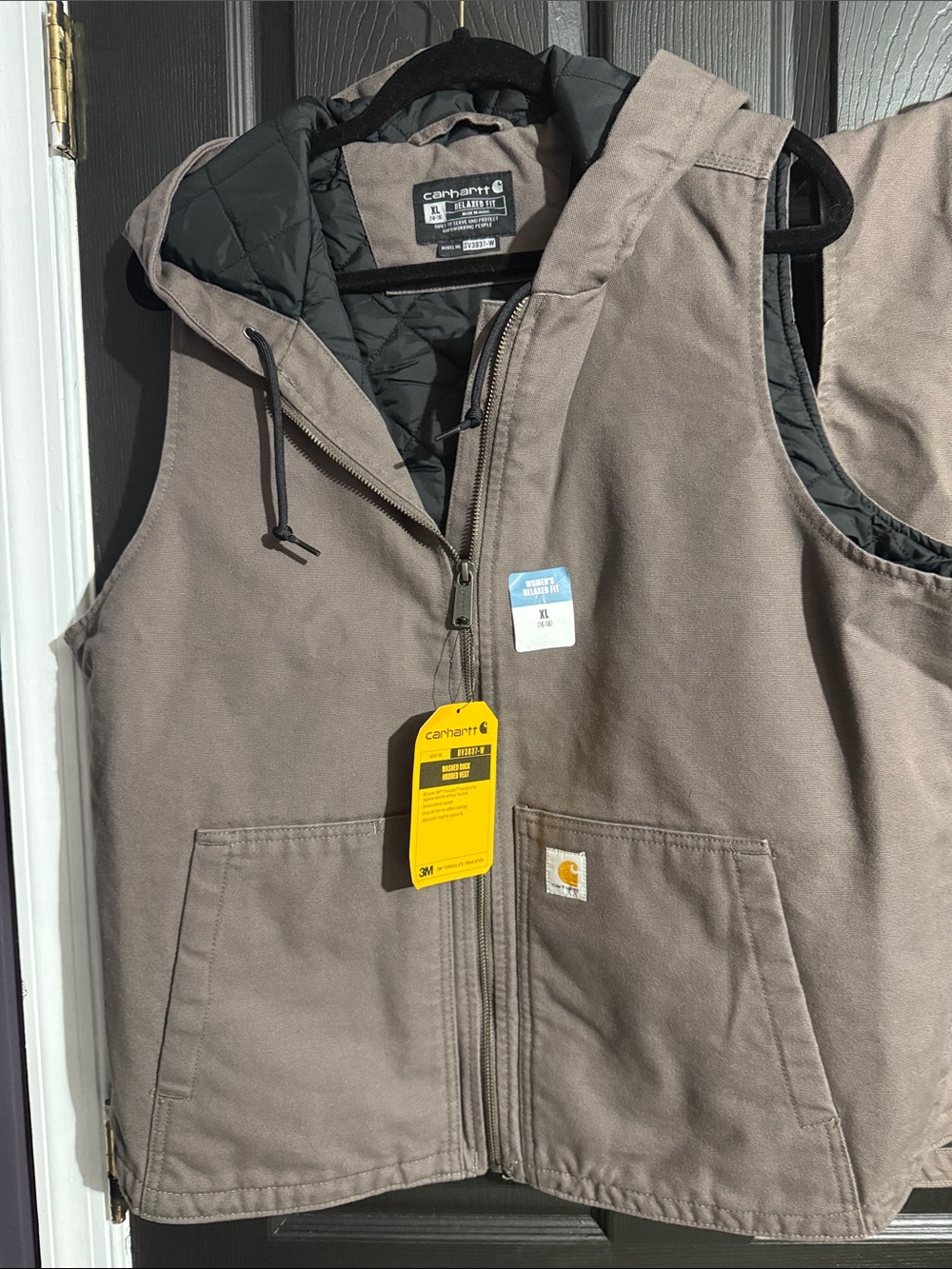 Carhartt Taupe Hooded Work Vest with Black Quilted Lining